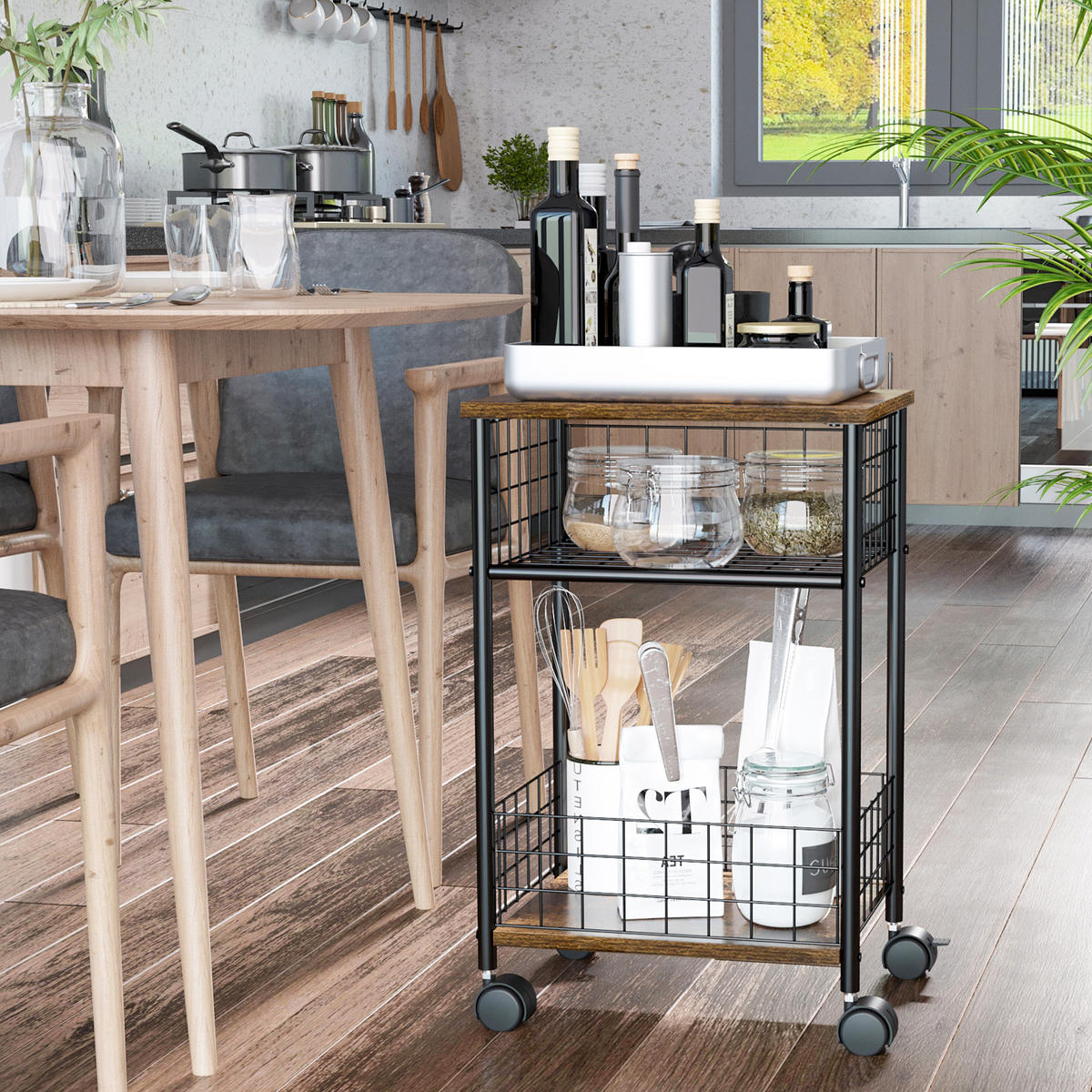 KÜCHENWAGEN, Spanplatte, Stahl, Rustikal-Braun - Braun, Kunststoff (30/62/40cm) - HOMCOM