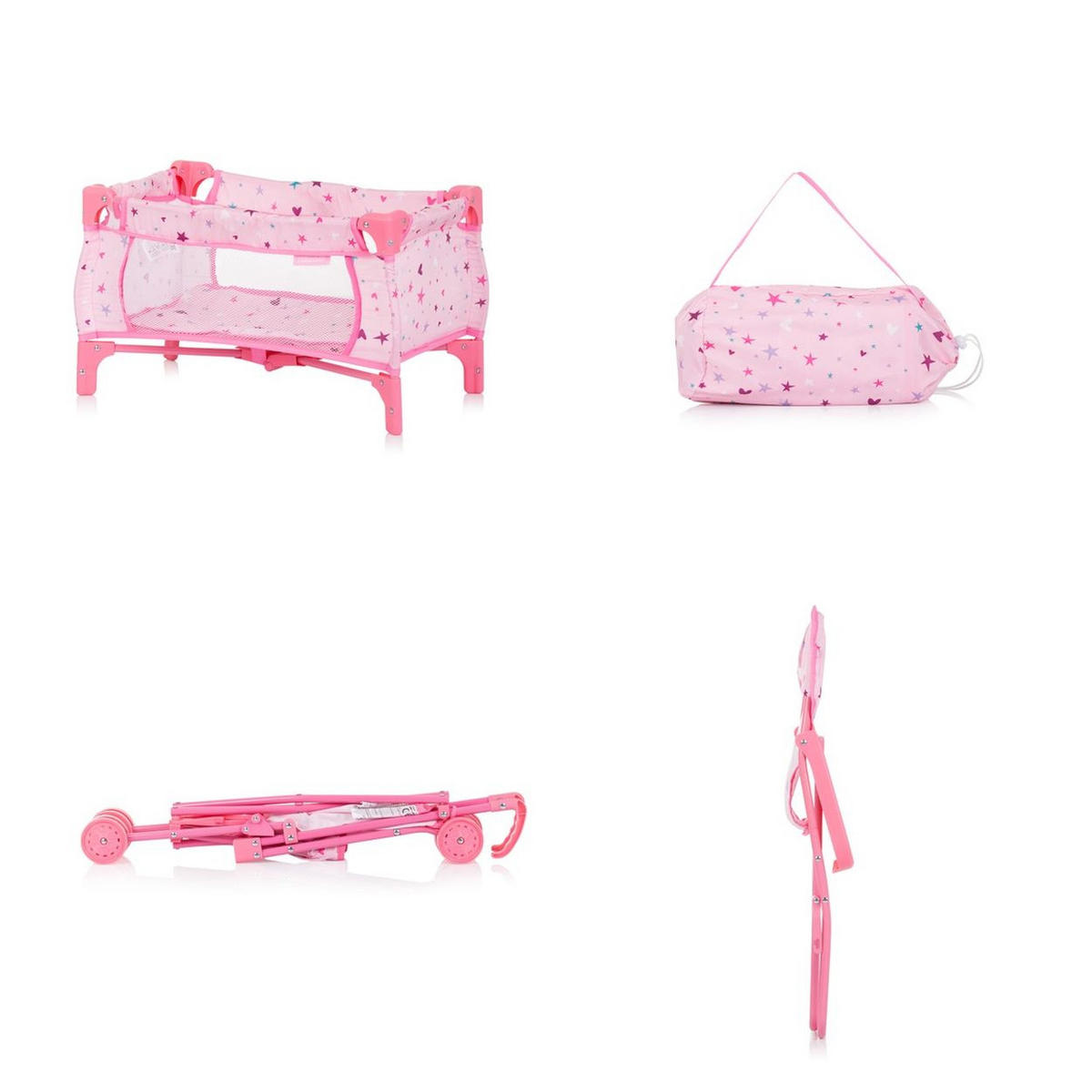 PUPPEN-ZUBEHÖR-SET Trixy rosa Sterne 3 in 1, Buggy, Hochstuhl, Tasche, Laufstall, faltbar, Zubehör-Set - Rosa, Kunststoff (27/55/51cm) - Chipolino