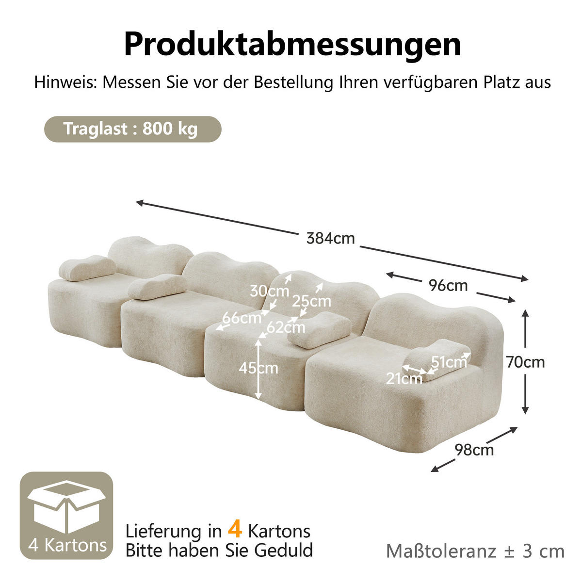 SOFA 384/98/70 cm in Beige aus Samt mit Wellenform - Beige, Textil (98/70/384cm) - Flora Grace