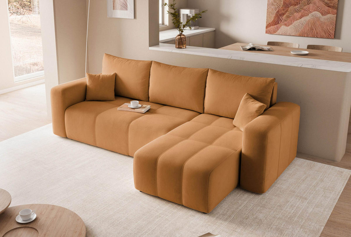 ECKSOFA Senfgelb Velours mit Bettkasten und Schlaffunktion - Honig, Textil (248/145cm) - Idohome