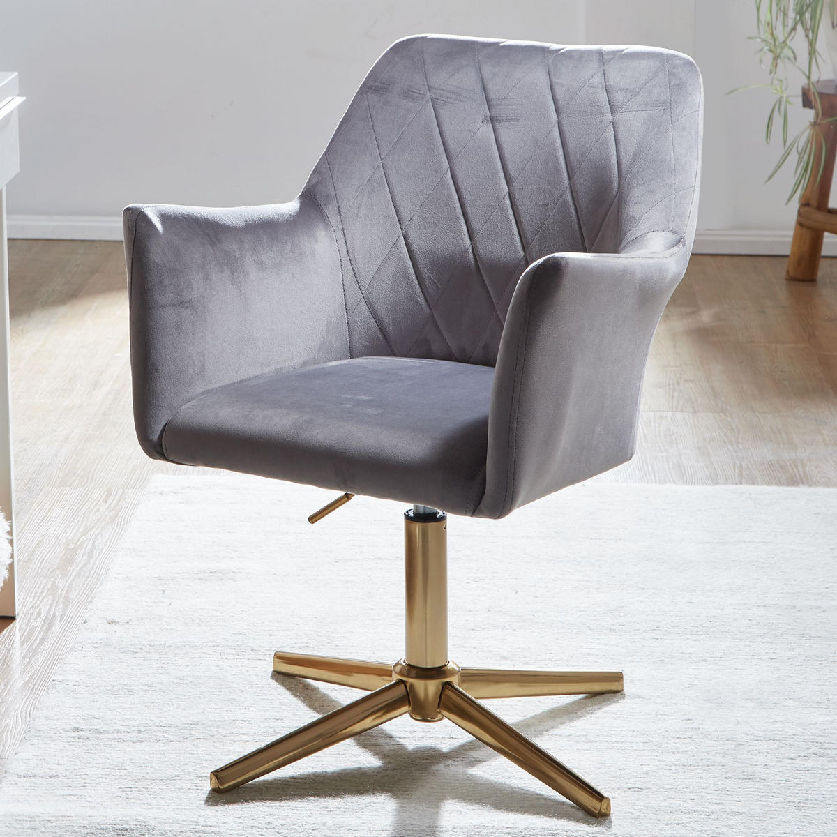 DREHSTUHL Samt mit Armlehnen Eisengestell 360° Funktion, Grau 97x55x55 cm - Goldfarben/Grau, Textil/Metall (97/55/55cm) - KADIMA DESIGN