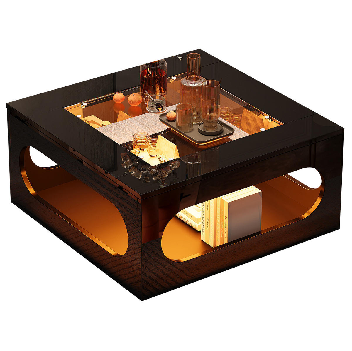 COUCHTISCH 70/70/35 cm mit LED-Beleuchtung, Glasplatte und Stauraum, MDF, Schwarz - Schwarz, Holzwerkstoff (70/70/35cm) - Redom