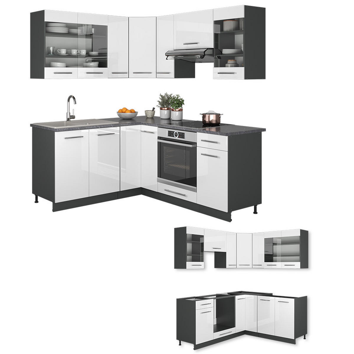 ECKKÜCHE Fame-Line Weiß Hochglanz/Anthrazit 160 x 60 cm ohne AP - Weiß Hochglanz/Anthrazit, Holzwerkstoff (190/81.6/46cm) - Vicco