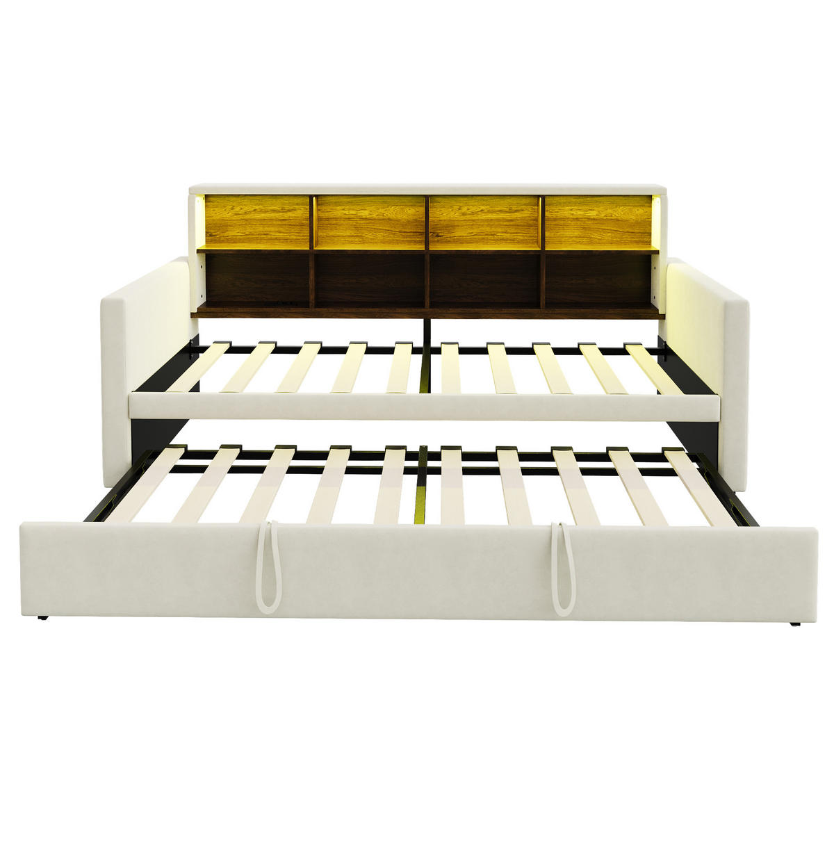POLSTERBETT 90/190 cm aus Samt mit ausziehbarem Gästebett und LED-Kopfteil Beige - Beige, Textil (90/190cm) - Modenvie