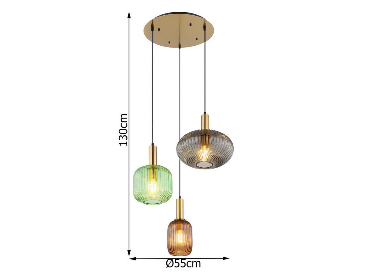 LED-PENDELLEUCHTE Ø55cm, Lampenschirme Glas Bunt - Hellbraun/Messingfarben, Glas/Metall (55/55/130cm) - meineWunschleuchte