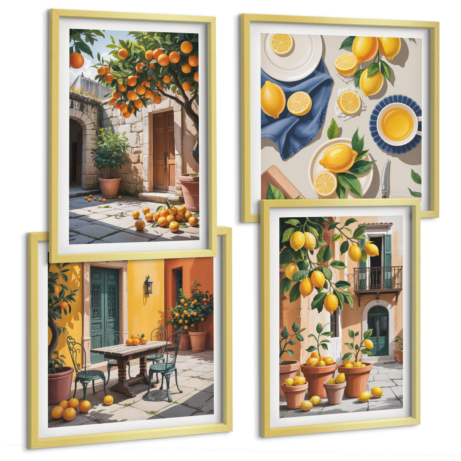 BILDER SET 4er Set - 50x50 cm & 40x60 cm Goldrahmen - Zitrusbäume in einem sonnigen Garten - Goldfarben, Kunststoff (50/50cm) - TULUP