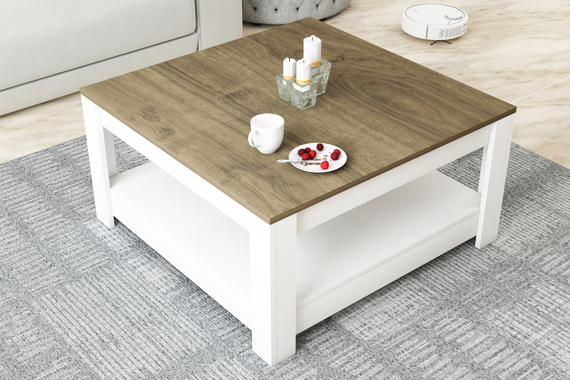 biely konferenčný stolík, drevená doska, biely hrnček a sviečky, sivý koberec