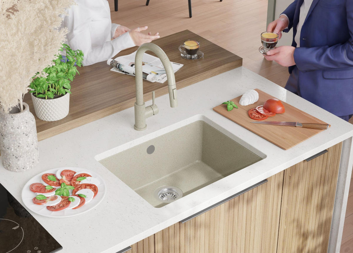 UNTERBAUSPÜLE GRANIT Venedig Easy, 2-er set Beige 56/44 cm 1 Becken + Küchenarmatur 38/14 cm + Ablauf-Set ab 60er Unterschrank - Beige, Kunststoff (56/20/44cm) - Primagran