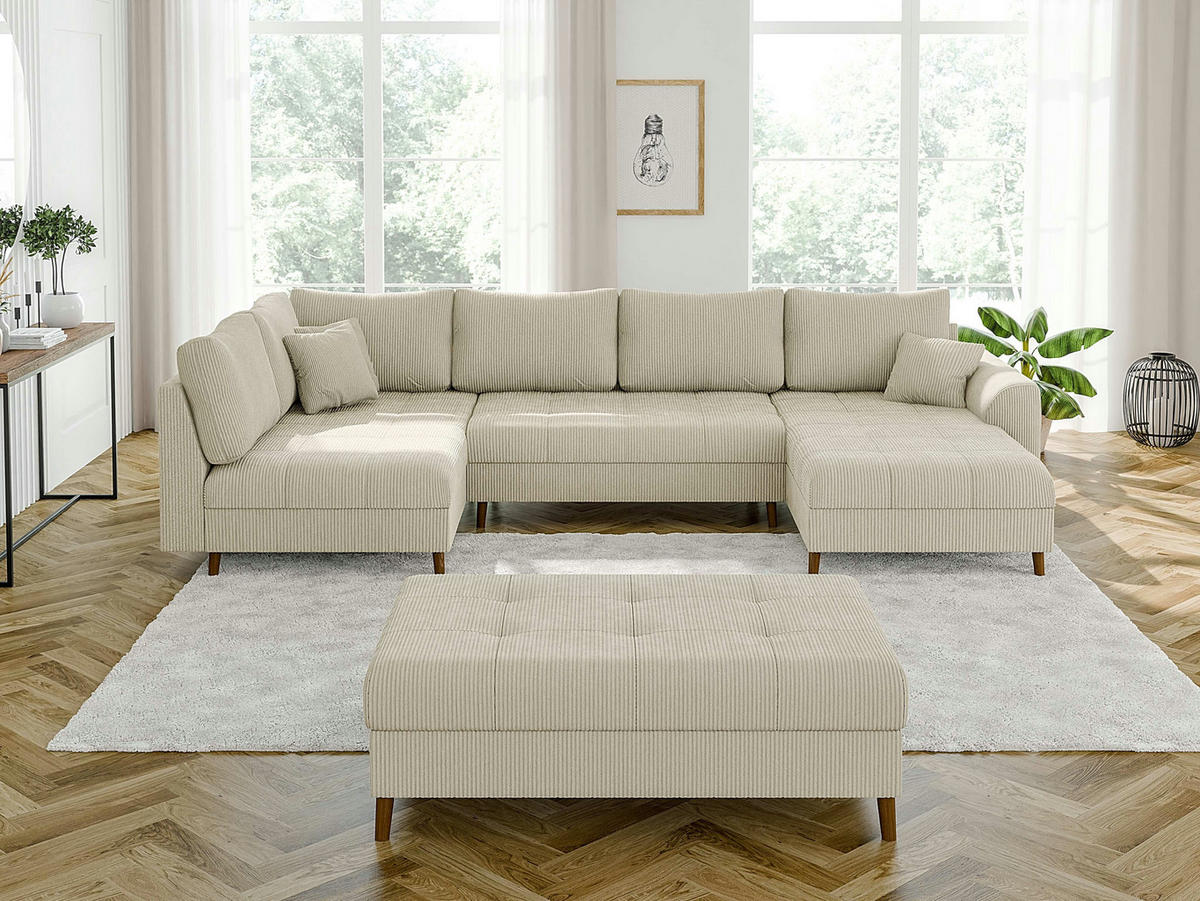 WOHNLANDSCHAFT inkl. Hocker Alma Beige Cord - Beige/Braun, Holz/Textil (310/81/161cm) - S-Style Möbel