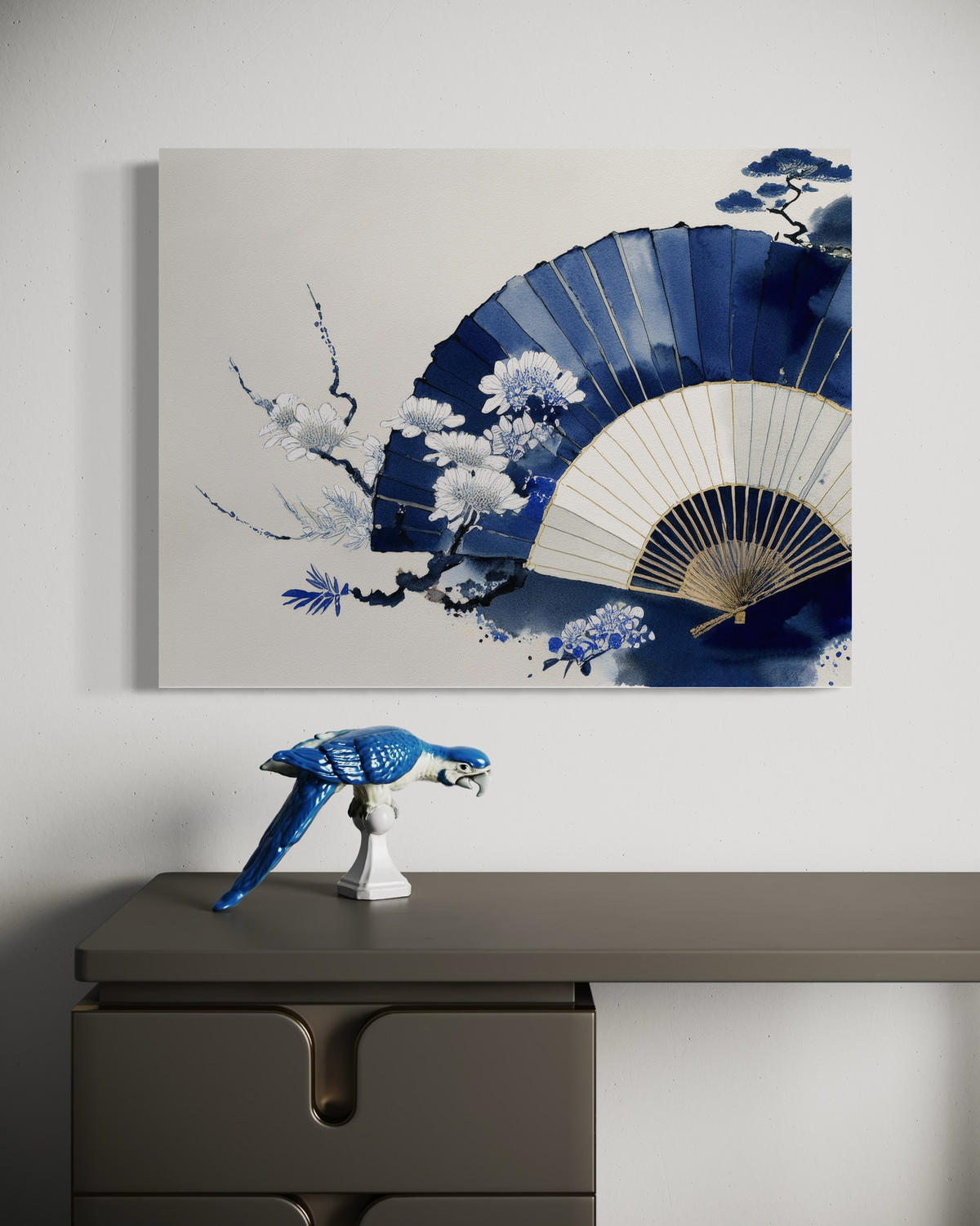 WANDBILD blauer japanischer fächer - Blau, Textil (60/40cm) - Feeby