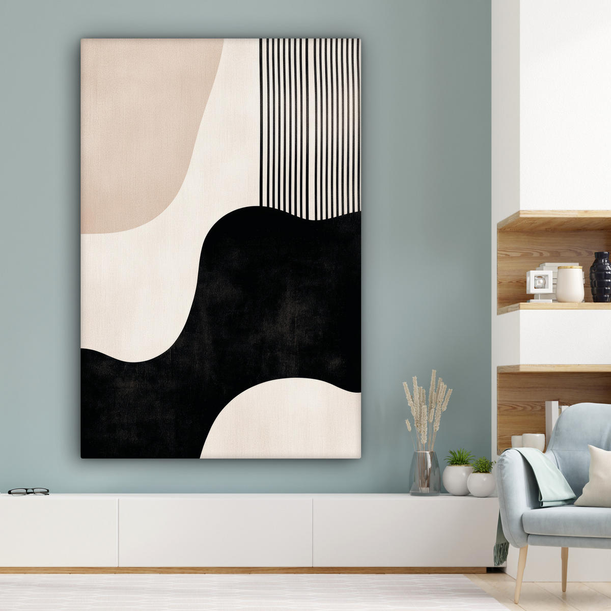 LEINWANDBILD Abstrakt - Japandi - Beige - Modern Deko Groß 90x140 cm - Schwarz, Textil (90/140cm) - MuchoWow
