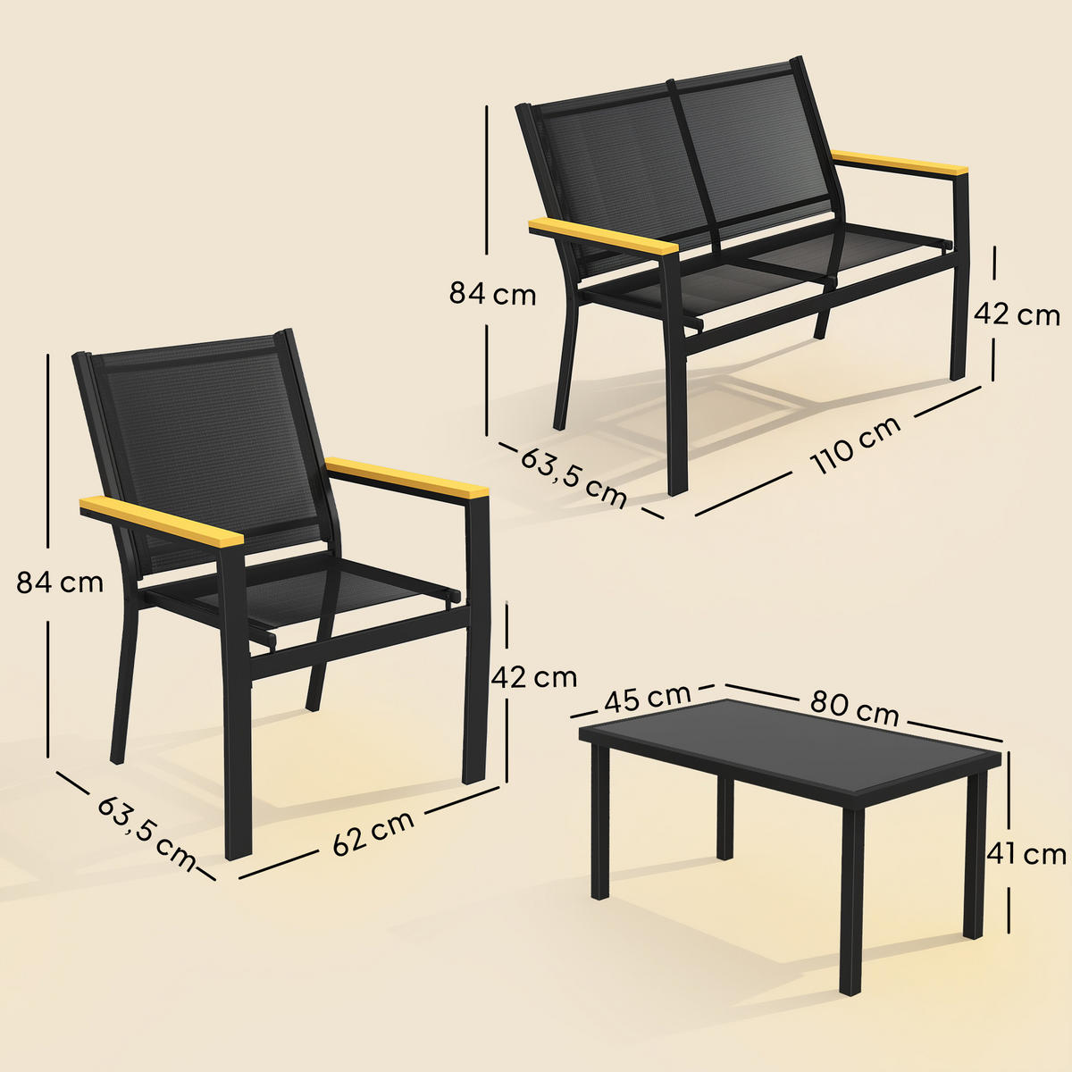 GARTENSET 4-teilig Schwarz 110.0/63.5/84.0 cm - Schwarz, Metall