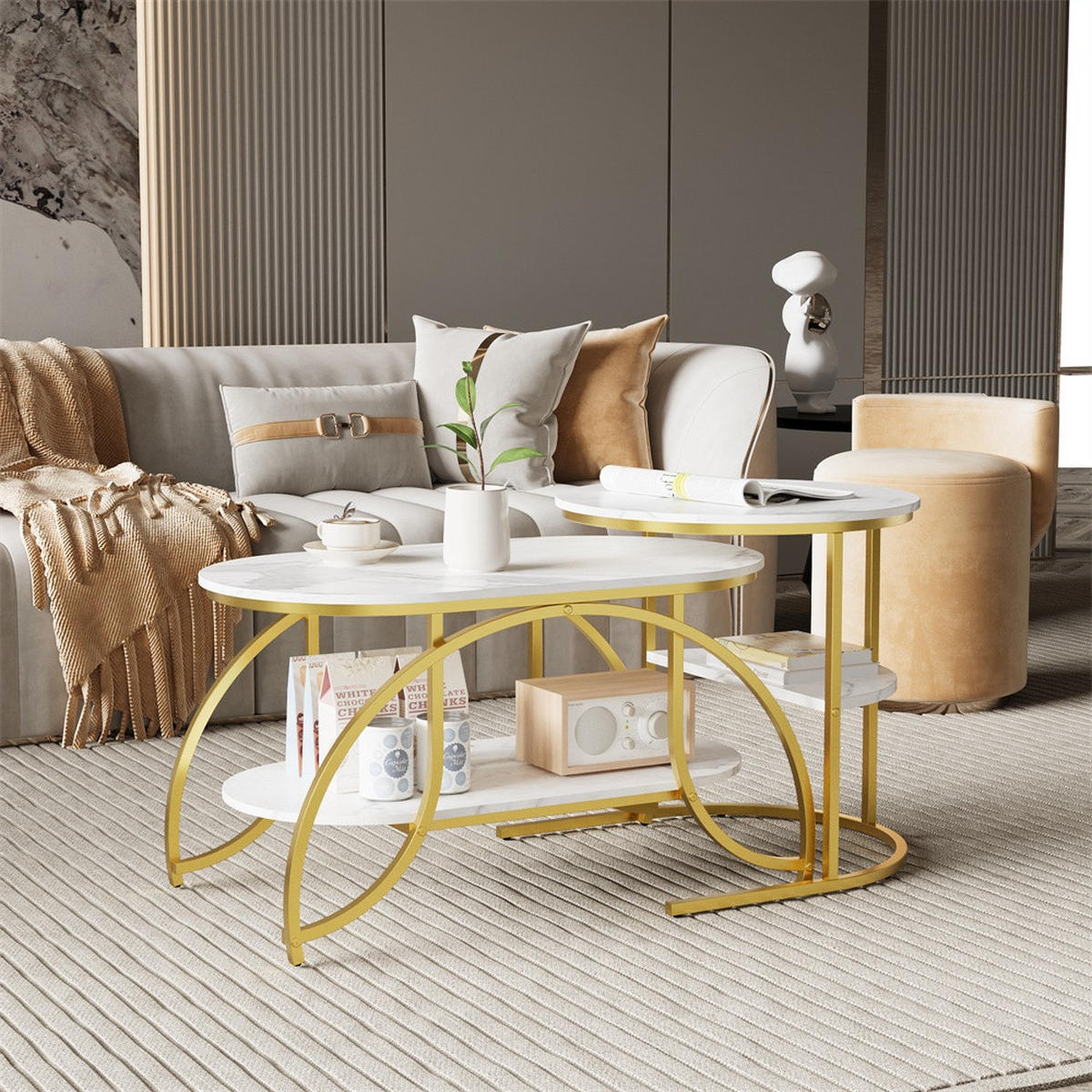 COUCHTISCH 2er-Set - Ovaler und Runder Beistelltisch mit Ablage in Marmoroptik - Weiß und Gold - Goldfarben, Holzwerkstoff (46/80/45cm) - DELFA