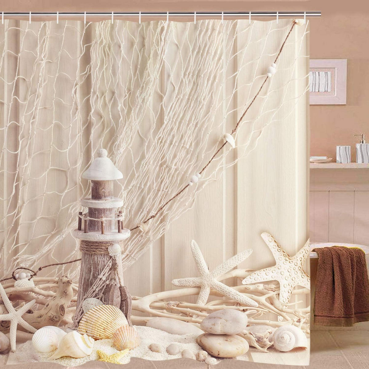 DUSCHVORHANG Stoff mit Ringen Muster Muscheln Digitaldruck Polyester schimmelresistent Beige - Multicolor, Textil (200/200cm) - MCBOSON