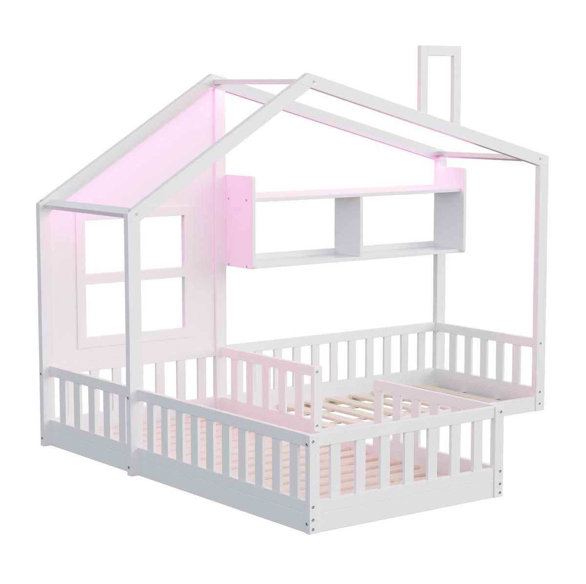 KINDERBETT 90/200 cm mit LED-Beleuchtung, Regalen und Sicherheitsgitter, Weiß - Weiß, Holzwerkstoff (90/200cm) - Redom