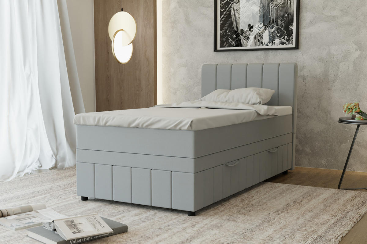 BOXBETT AVALON 100 x 200 cm mit Bettkasten und Topper - Hellgrau - Hellgrau, Holz - Panda Möbel
