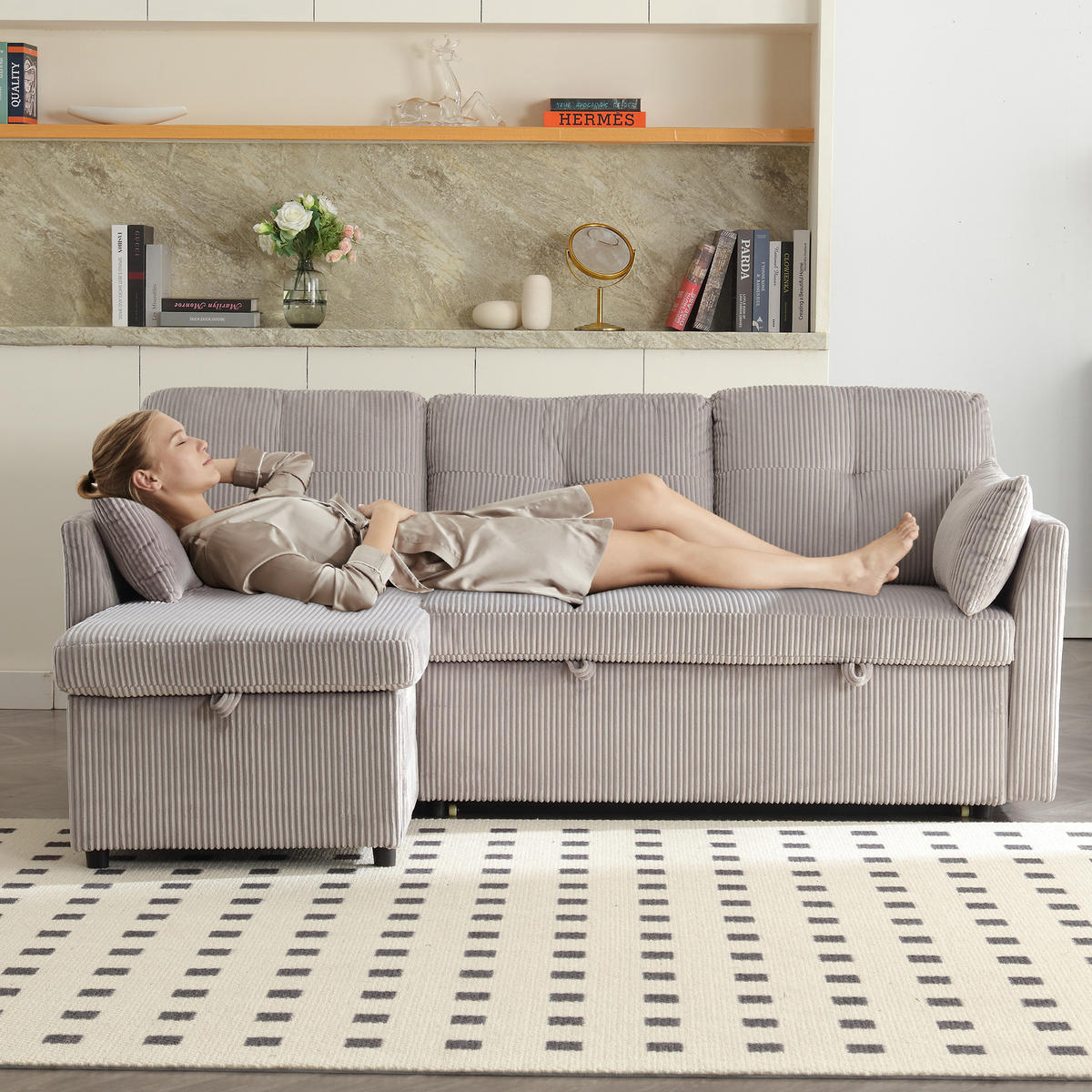 ECKSCHLAFSOFA Cord Hellgrau mit Stauraum, Schlaffunktion und mit Kissen - Hellgrau, Holzwerkstoff/Textil (206/108cm) - WISHDOR