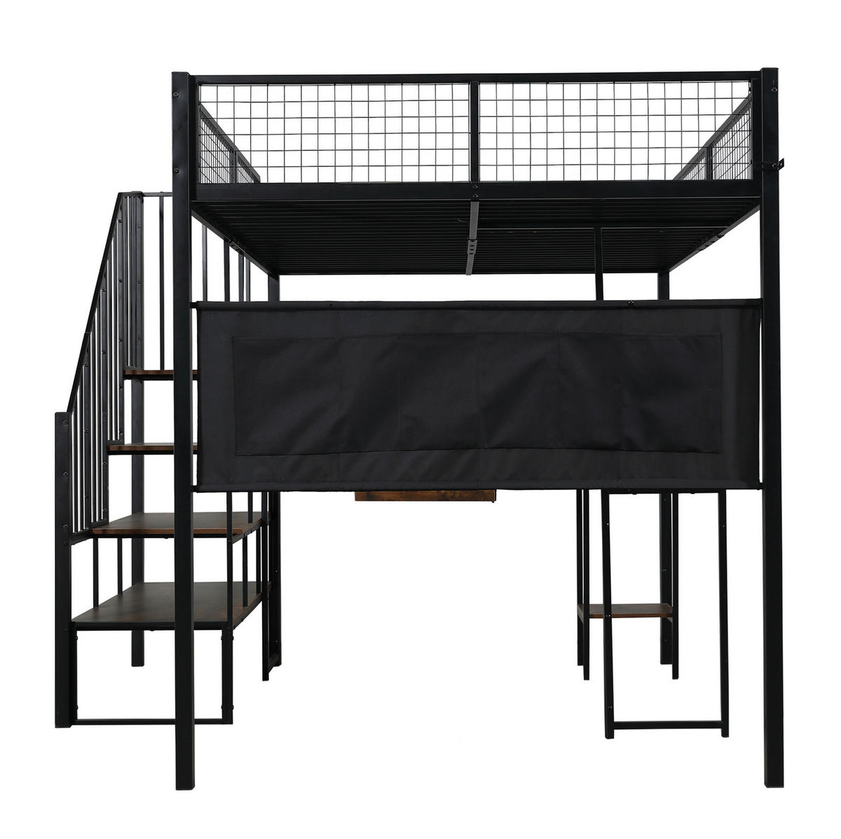 HOCHBETT aus Metall und Holz 140x200 cm Schwarz/Vintage mit Eckschreibtisch, Treppe und Ladeanschluss - Schwarz, Metall (140/200cm) - Modfu