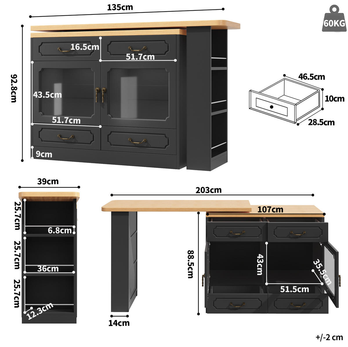 BARTISCH Ausziehbarer aus MDF mit 360° Drehplatte & LED, 135-203/39/92,8 cm, Schwarz - Schwarz, Holzwerkstoff (39/92.8/135cm) - Redom