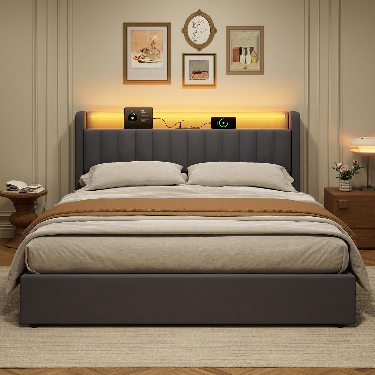 POLSTERBETT 180/200 cm in Grau, mit Bettkasten, Matratze, Stauraum, USB und LED Beleuchtung - Grau, Holzwerkstoff/Textil (180/200cm) - WISHDOR