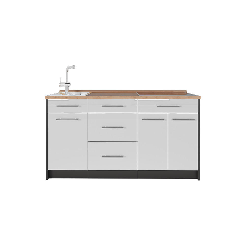 KÜCHENBLOCK Fame-Line, Weiß Hochglanz, 150 cm, AP Eiche - Weiß Hochglanz/Anthrazit, Holzwerkstoff (150/82/60cm) - Vicco