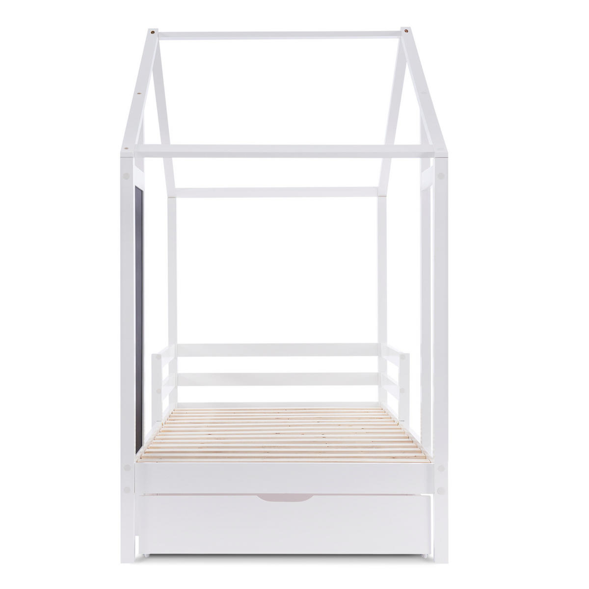 KINDERBETT 90/200 cm mit Tafel, 2 Schubladen und dreiseitigem Rausfallschutz aus Massivholz, Weiß - Weiß, Holz - Redom