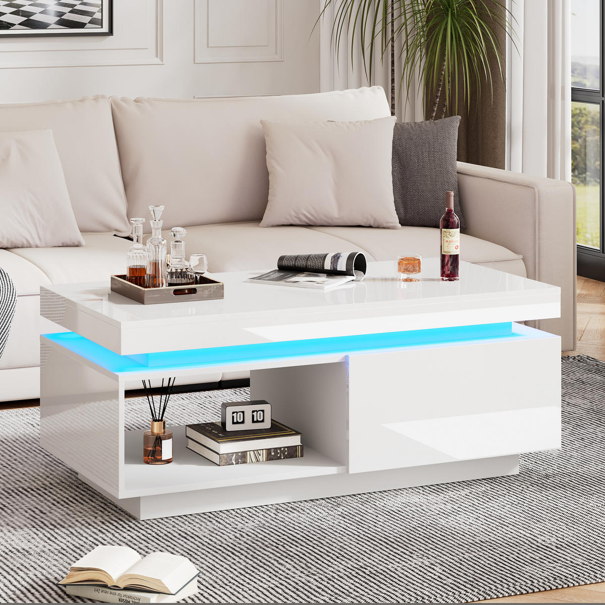 KONFERENČNÍ stolek z dřevotřísky 100x50x40,3 cm bílý s LED osvětlením, zásuvkou a vysokým leskem - bílá, kompozitní dřevo (100/50/40.3cm) - Modfu