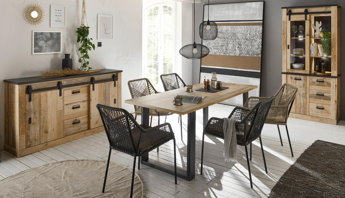 ESSZIMMER-SET Used Wood hell, anthrazit, Speisezimmer 3-teilig mit Esstisch, Vitrine Sideboard - Eichefarben/Anthrazit, Holzwerkstoff (275/201/80cm) - Furn.Design