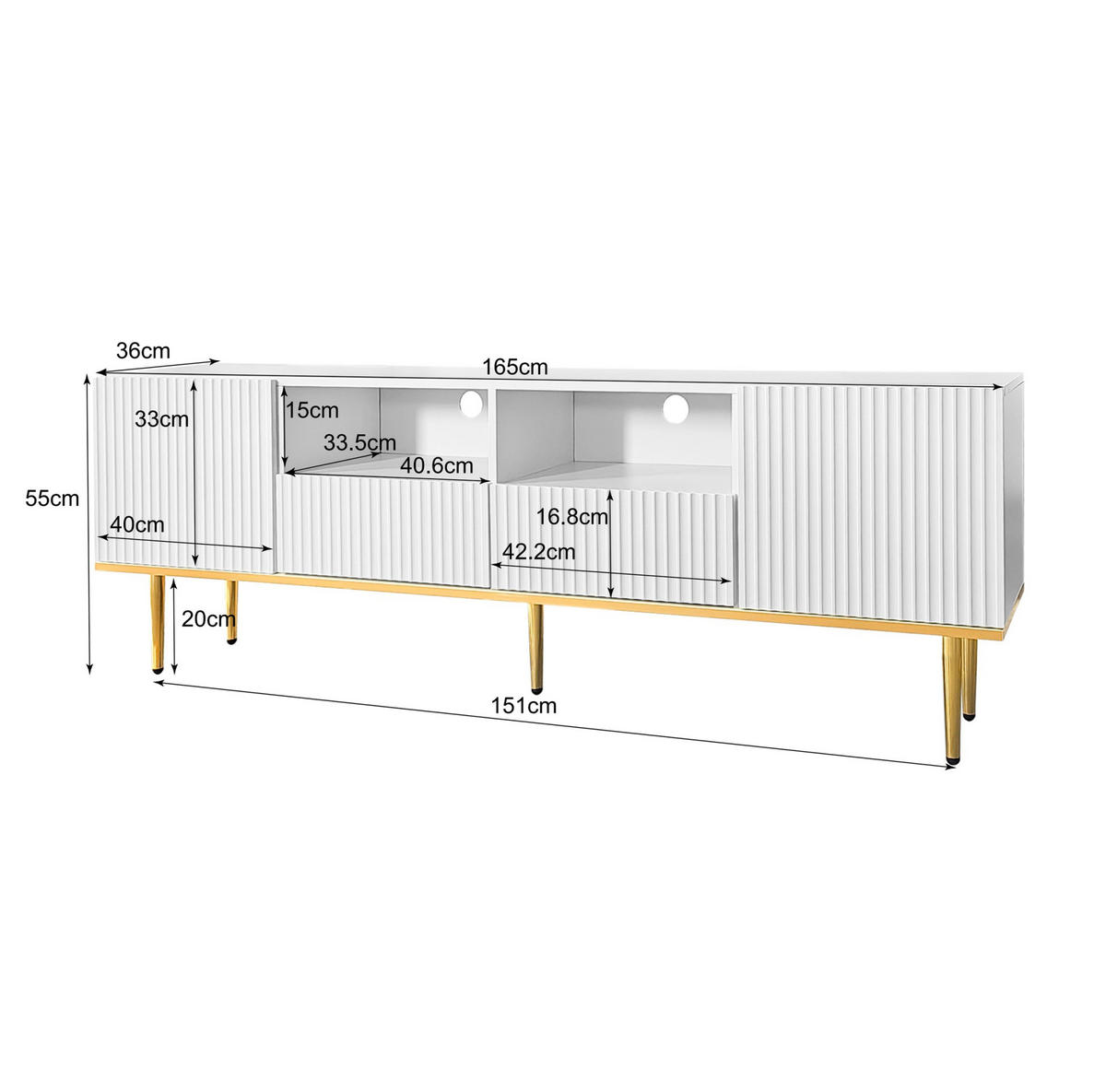 TV-SCHRANK 165/36/55 cm weiß mit goldenen Akzenten und 2 Schubladen - Weiß, Holzwerkstoff (165/55/36cm) - OKWISH