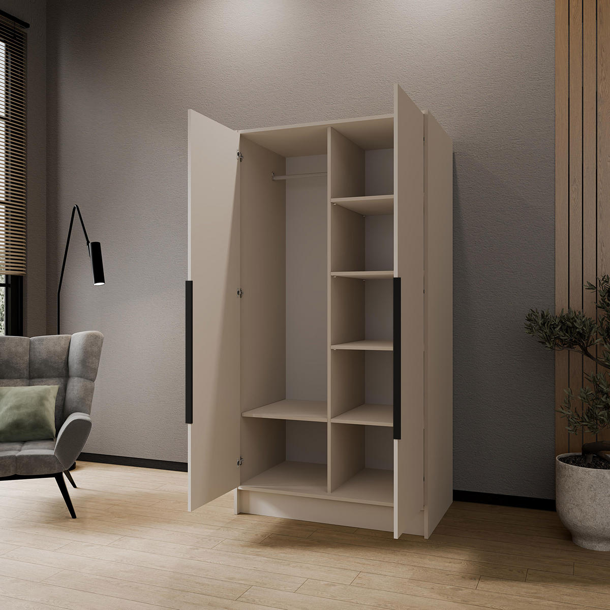 DREHTÜRENSCHRANK Laro mit Spiegel, Kaschmir mit mit schwarzen Griffen, 100 cm - Kaschmir, Holzwerkstoff (100/200/51cm) - Beautysofa