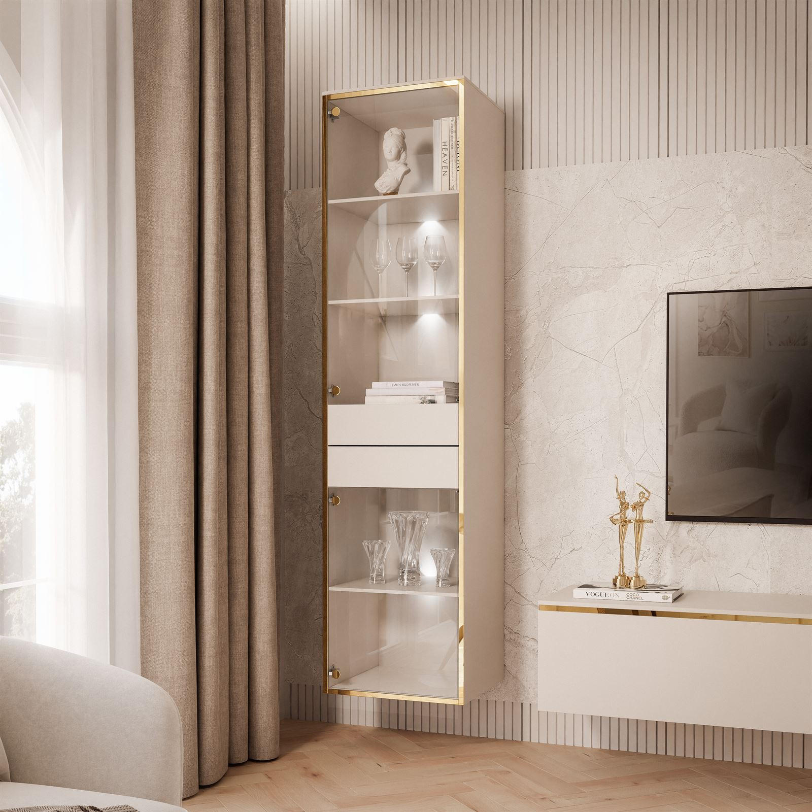 VITRINE HÄNGENDE AURORA in Kaschmir mit LED-Beleuchtung - Kaschmir, Holzwerkstoff (45/181/40cm) - Lookway