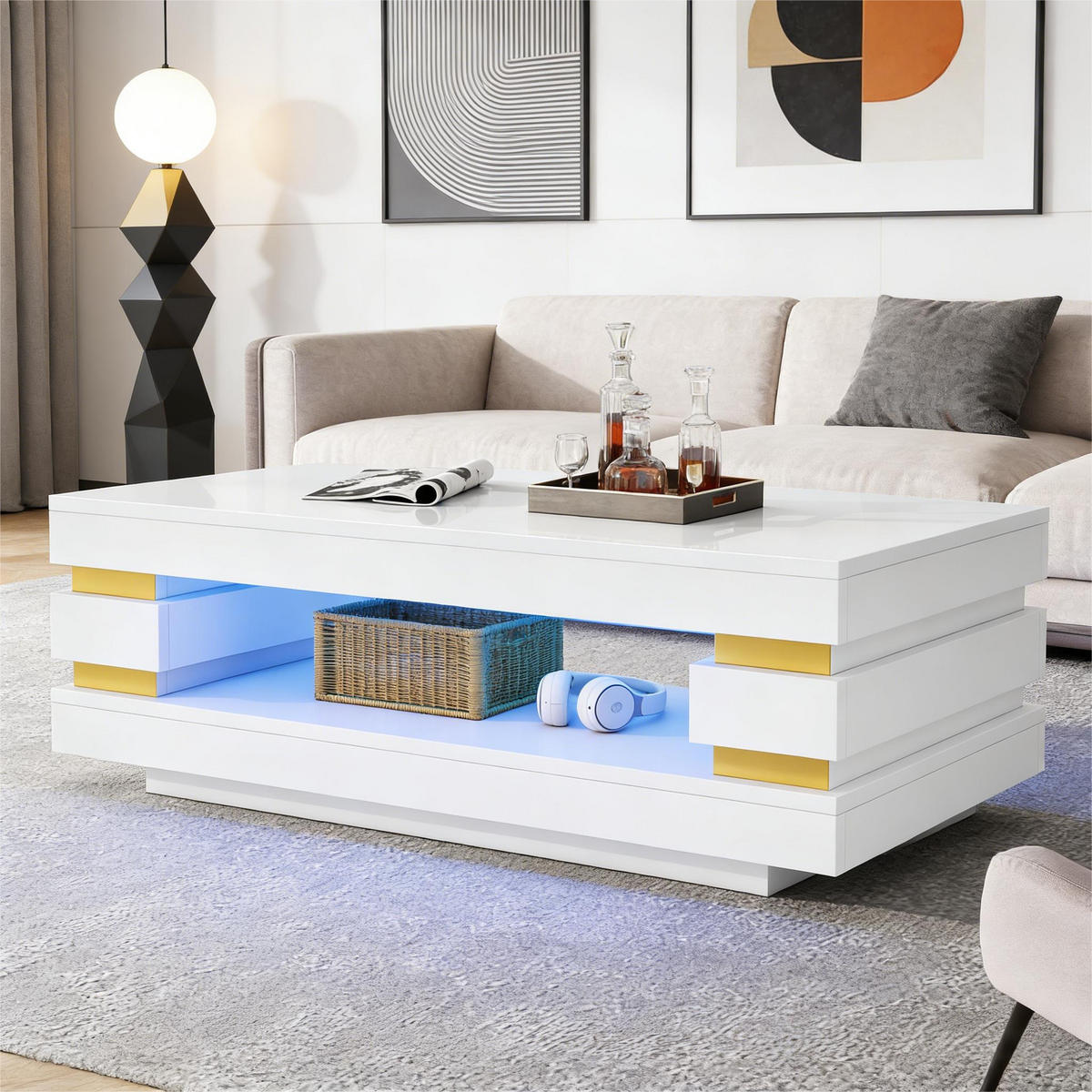 COUCHTISCH Weiß 100/50/35 cm mit LED-Beleuchtung - Weiß, Holzwerkstoff (50/100/35cm) - PANGIVO