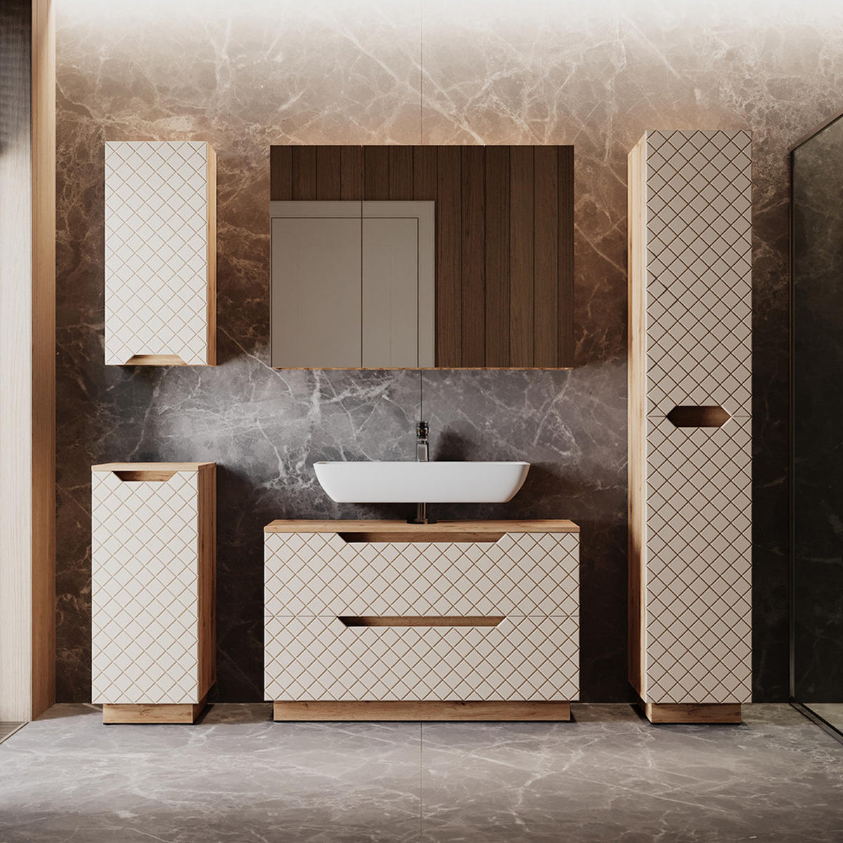 BADMÖBEL-SET Lotta Eiche/Kaschmir mit Kachelstruktur 5 Teile - Kaschmir/Eichefarben, Holzwerkstoff (99.4/62.5/32cm) - Vicco