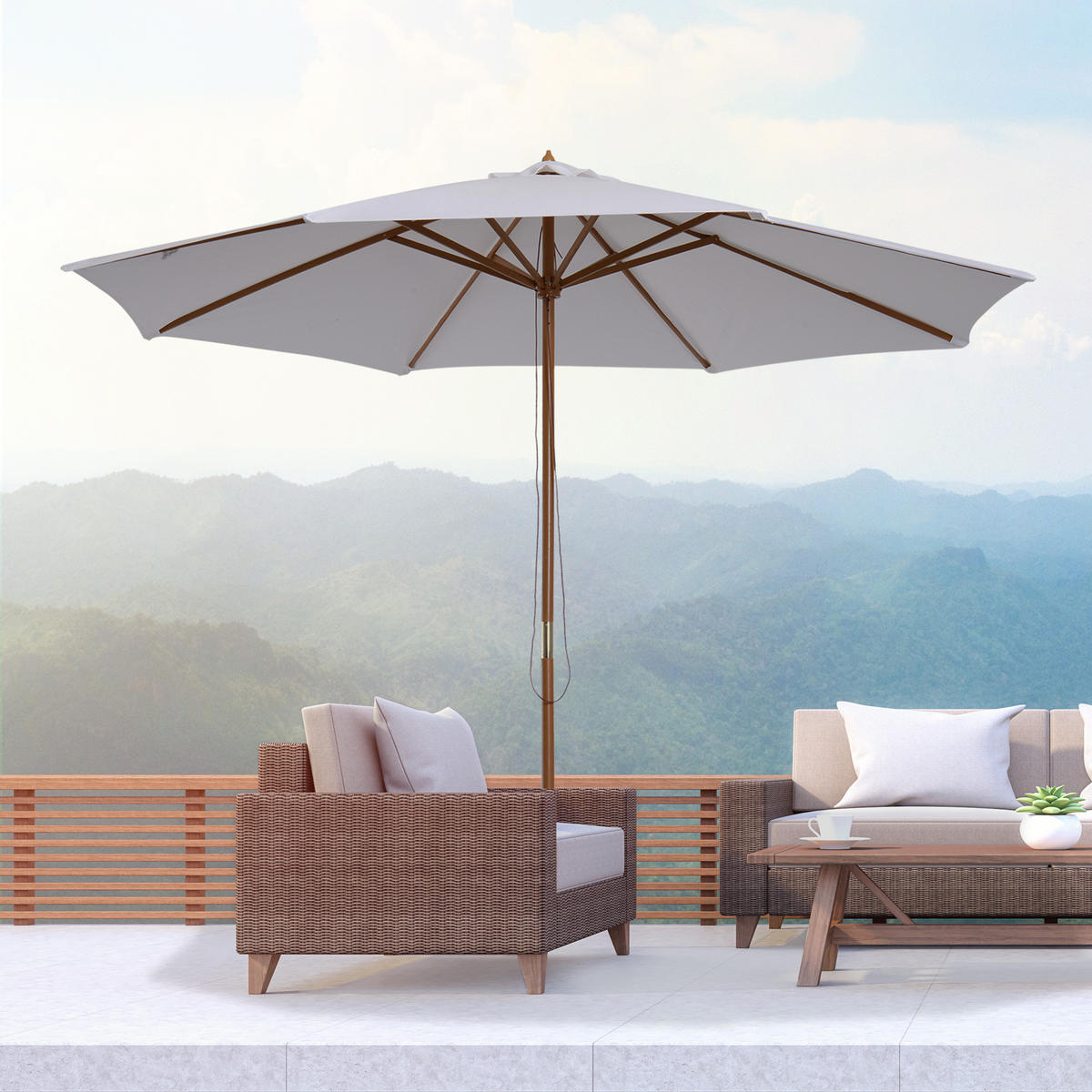 SONNENSCHIRM, Bambus, Polyester, Creme - Creme, Naturmaterialen/Holz (300/300cm) - Outsunny