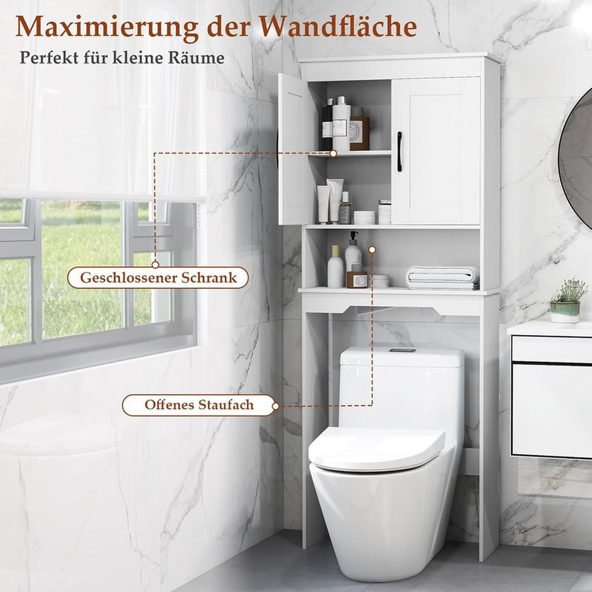 TOILETTENÜBERREGAL mit 2 Türen weiß - Weiß, Holzwerkstoff (63/168/24cm) - COSTWAY