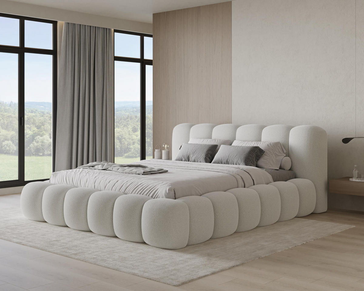 POLSTERBETT 180x200 mit Bettkasten, Lattenrost und Kopfteil, Bouclé-Stoffbezug Weiß - Weiß, Holz (180/200cm) - Chilly