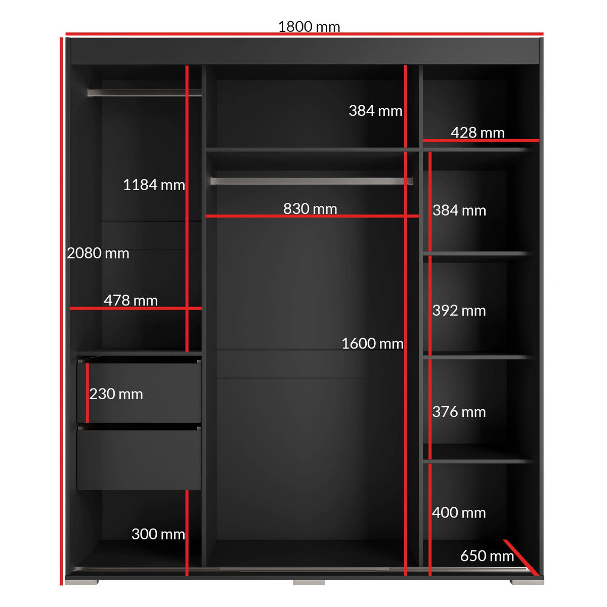 SCHIEBETÜRENSCHRANK mit Schubladen und Spiegel Como 3D1L 180 Schwarz (lacobel) - Silberfarben/Schwarz, Holzwerkstoff/Metall (180/208/67cm) - mzm24