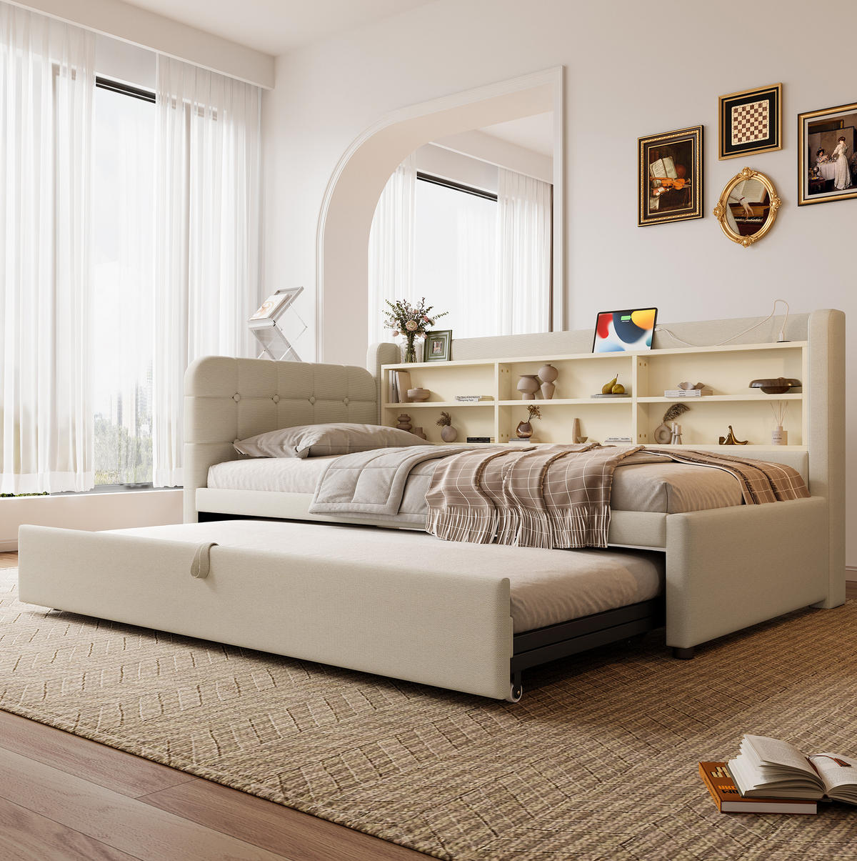 AUSZIEHBETT 90/180 x 200 cm in Beige mit USB- und Type-C-Anschlüssen, Ablagen - Beige, Textil (90/200cm) - Flora Grace