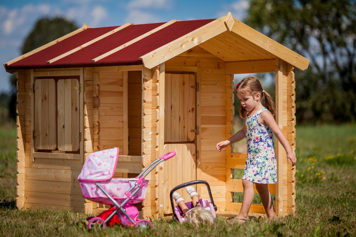 KINDERSPIELHAUS aus Holz - B146xL181xH145 cm/1,1m2 - M501 - Beige, Holz (146/145/182cm) - Timbela