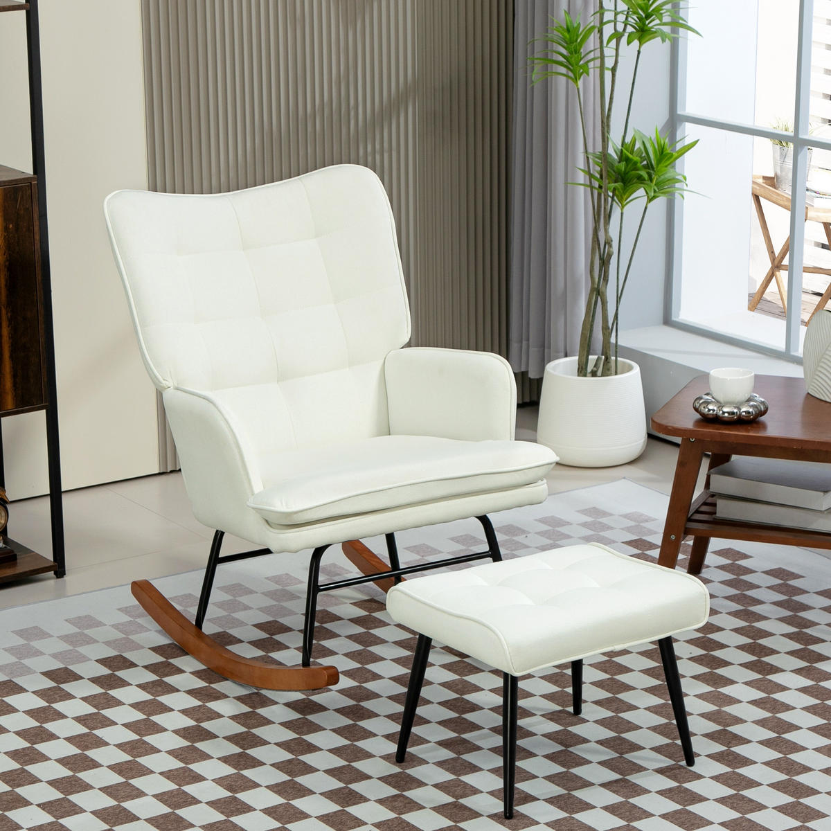 SCHAUKELSTUHL Cremeweiß mit Hocker, Leinenoptik - Creme, Textil (89/90/64cm) - Oxeza