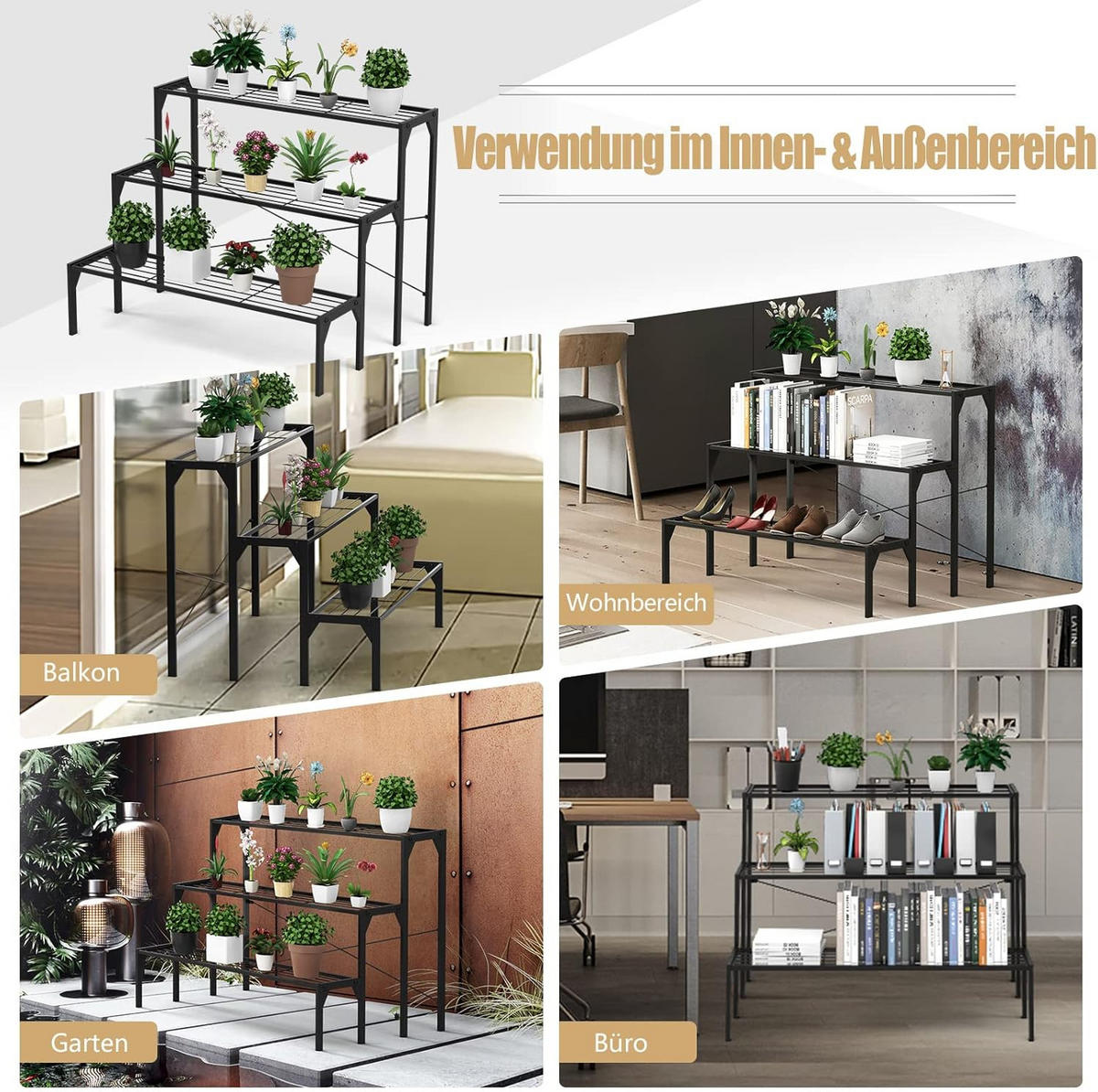 BLUMENREGAL 3-stufiger Schwarz - Schwarz, Metall (65/85/65cm) - COSTWAY