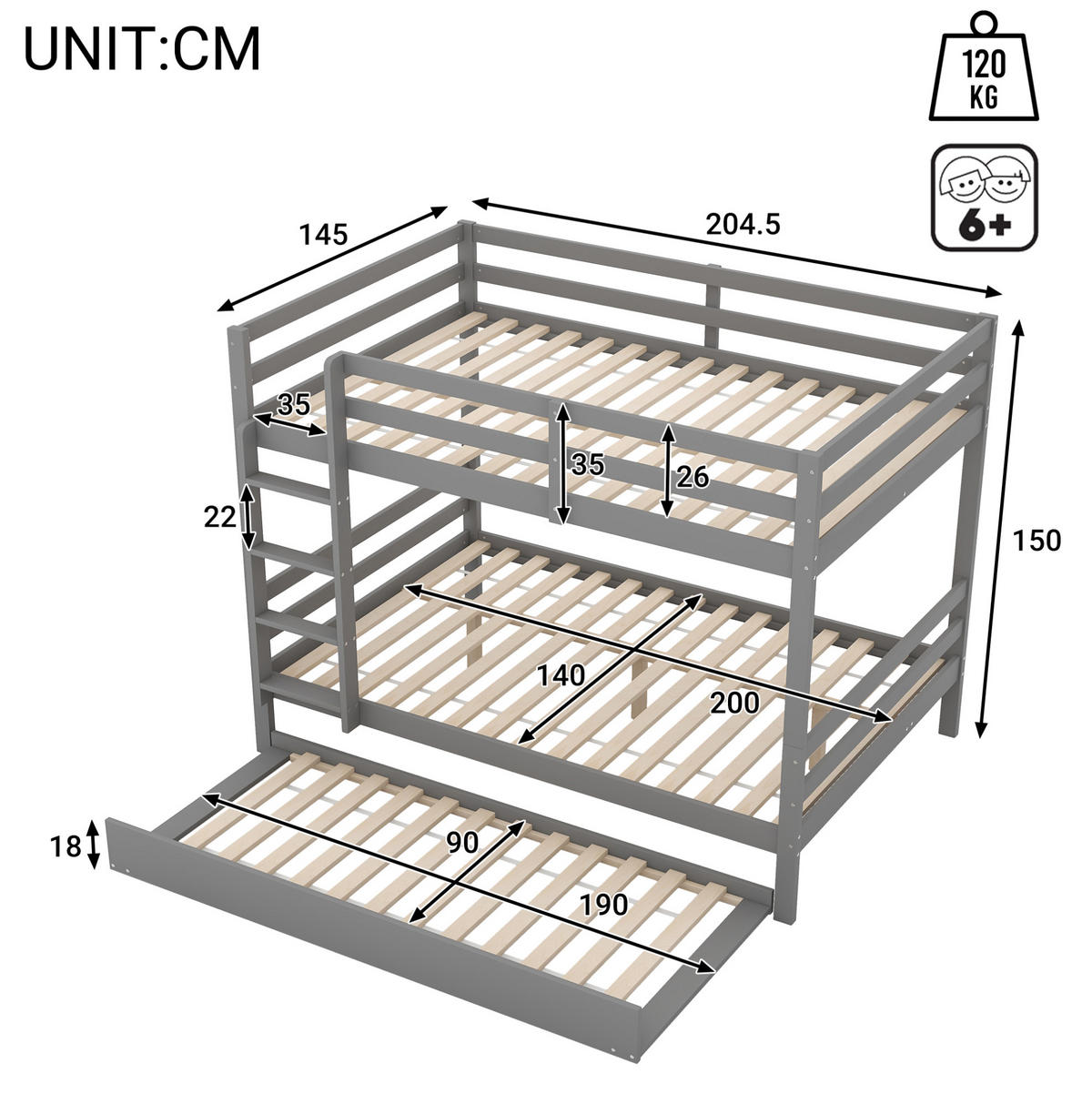 ETAGENBETT aus Kiefernholz und MDF 140x200 cm Grau mit Ausziehbett, hoher Absturzsicherung und stabiler Treppe - Grau, Holzwerkstoff (140/200cm) - Modfu