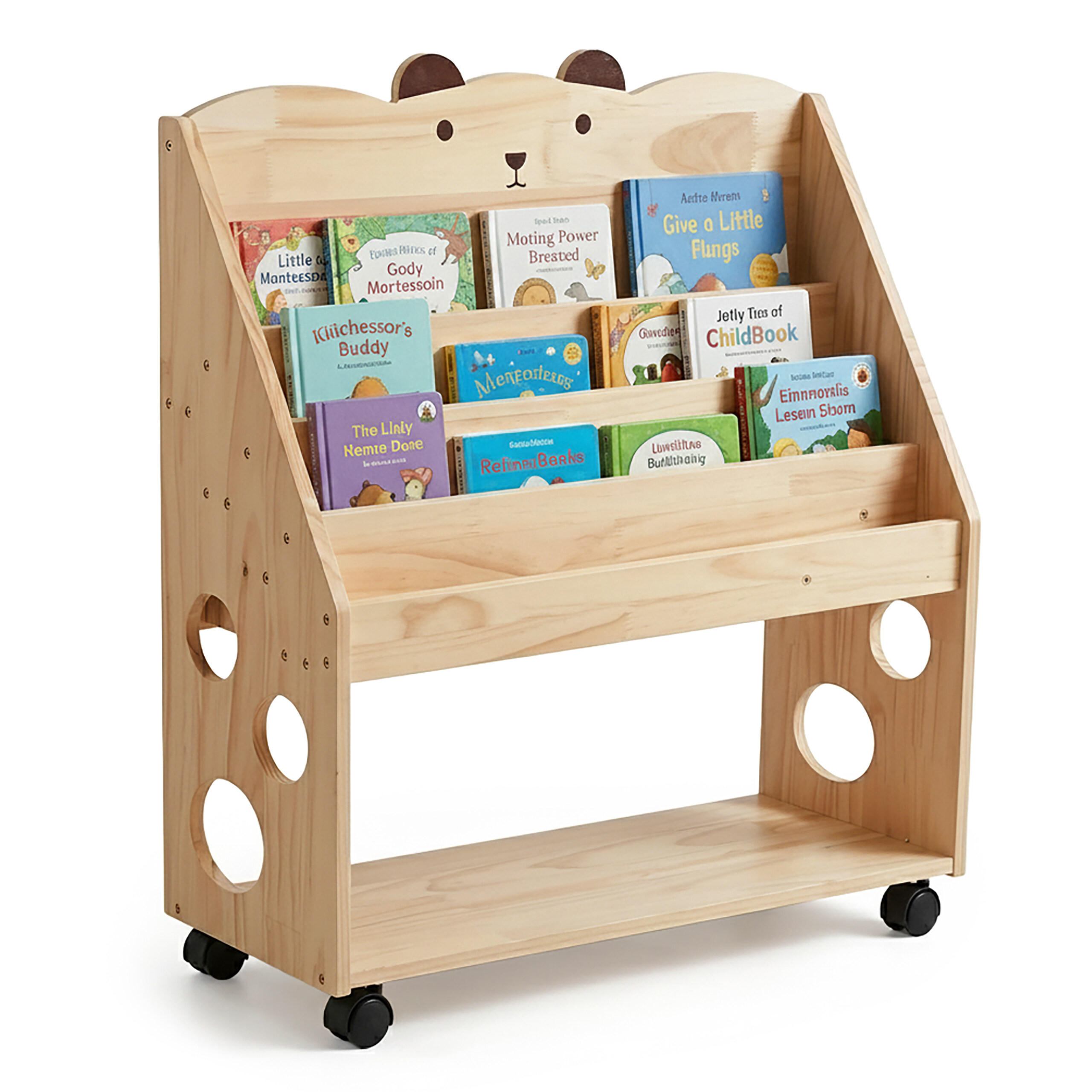 BÜCHERREGAL Natur Kinder auf Rollen mit Kreidetafel - Hellbraun, Holz/Kunststoff (70/85/29.5cm) - Relaxdays