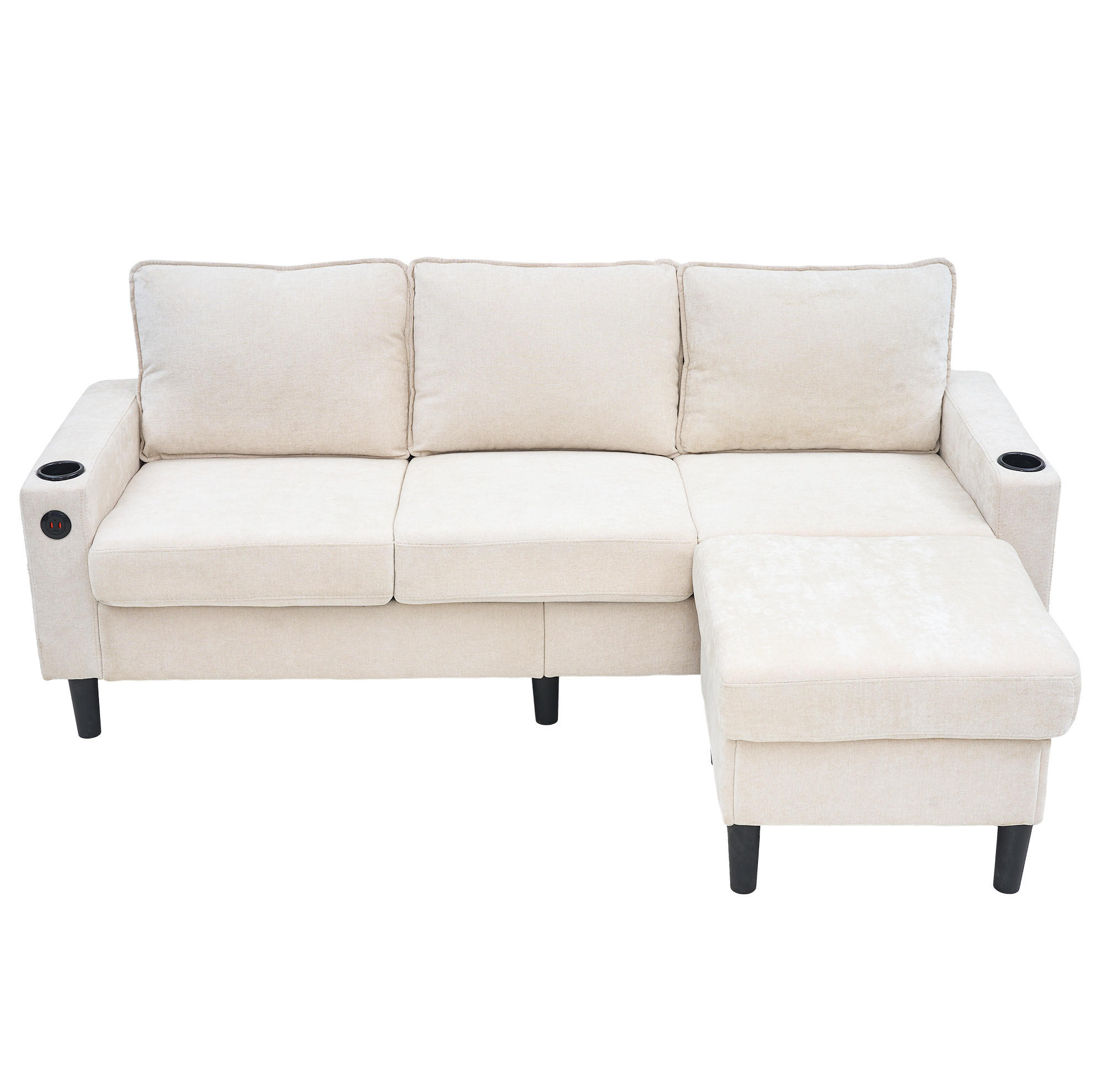 ECKSOFA L-Form 3-Sitzer mit zwei Getränkehaltern und USB und Typ-C-Anschlüssen Beige 202/137/80 cm - Beige, Textil (202/137cm) - OKWISH
