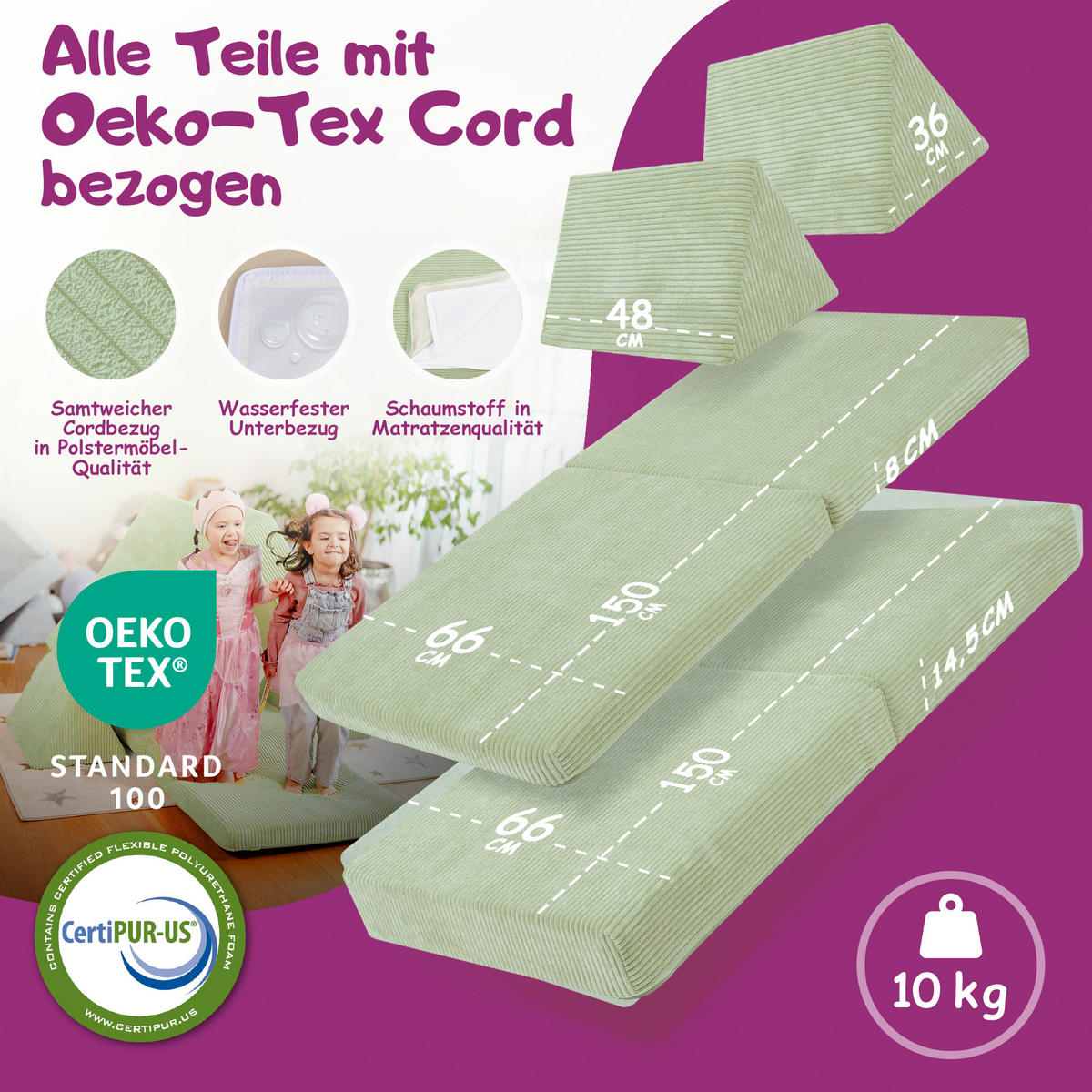 KINDERSOFA Spielparadies - Hellgrün, Textil (66/52/150cm) - Linodino