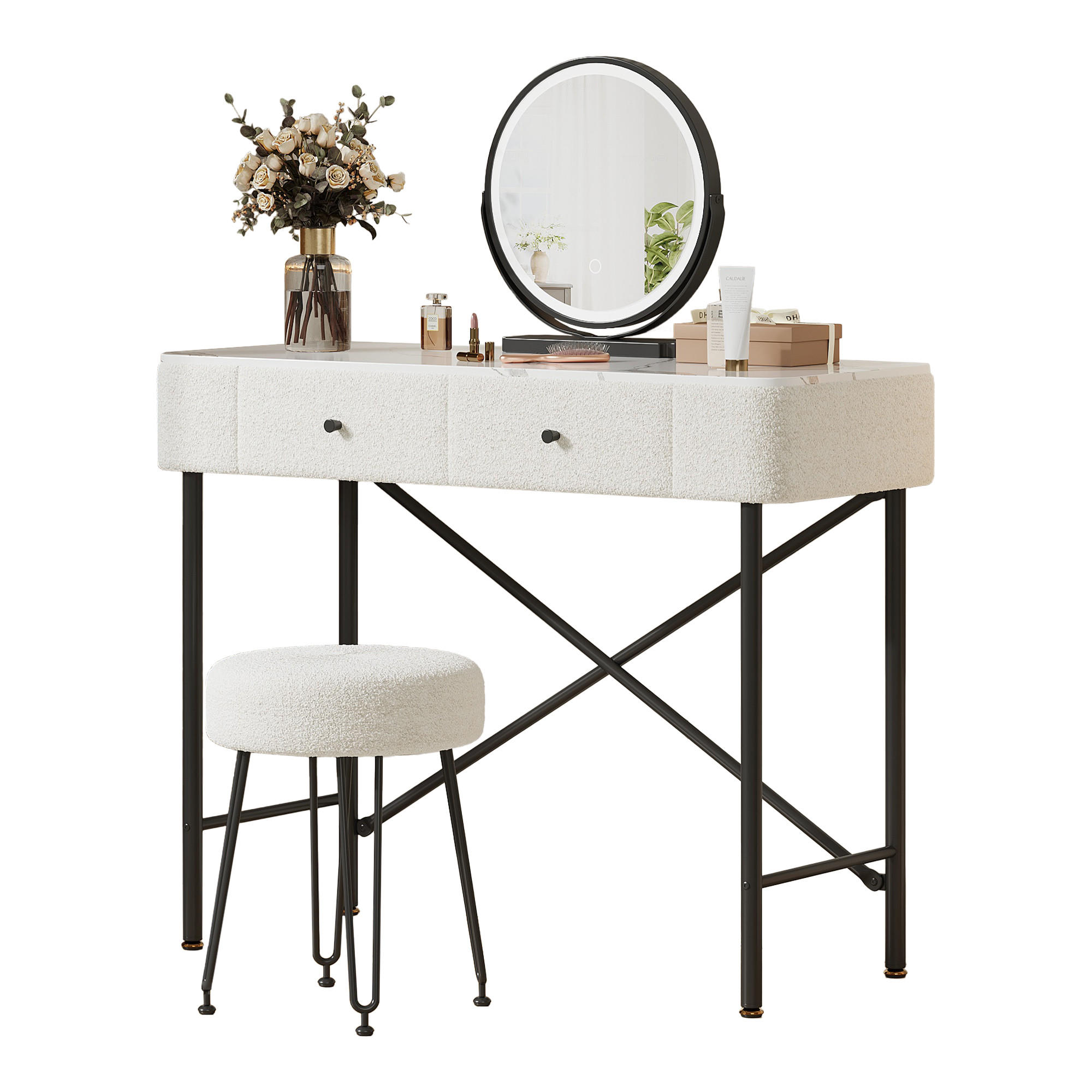 SCHMINKTISCH mit LED-Spiegel & Hocker, 2 Schubladen, Marmoroptik Tischplatte, moderner Frisiertisch,Weiß, 100x40x120 cm - Weiß, Holz (40/120/100cm) - Ej. Life