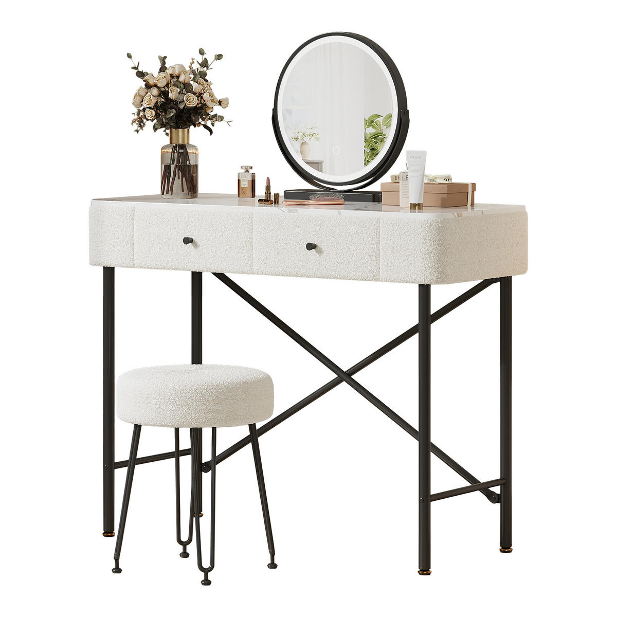 SCHMINKTISCH mit LED-Spiegel & Hocker, 2 Schubladen, Marmoroptik Tischplatte, moderner Frisiertisch,Weiß, 100x40x120 cm - Weiß, Holz (40/120/100cm) - Ej. Life