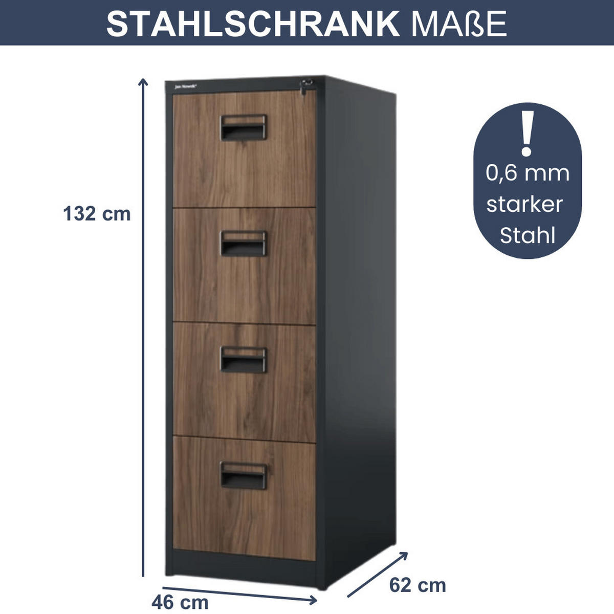 HÄNGEREGISTERSCHRANK abschließbar TION 4 Schubladen 132x46x62cm Anthrazit-Nussbaum - Anthrazit, Metall (46/132/62cm) - DELUKE