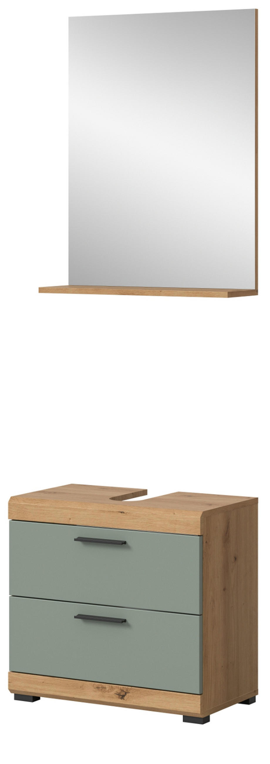 BADMÖBEL-SET Salbei grün, Eiche Artisan 2-teilig 60 cm, Kombination mit Spiegel - Salbeigrün/Schwarz, Glas/Holzwerkstoff (60/191/37cm) - Inn.Furn