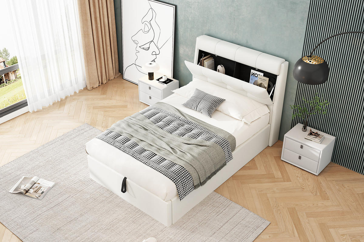 POLSTERBETT 90/200 cm Weiß mit hydraulischem Bettkasten und Lattenrost - Weiß, Kunststoff (90/200cm) - OKWISH